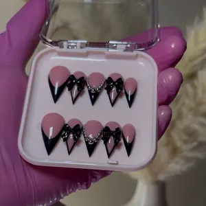 Wednesday Term Acrylic Press-On Nails with Black Bow Design and Rhinestone Accents for Stylish Manicures     Custom Handmade Press-On Nails - Made to Order (5-7 Business Days)