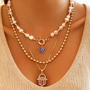 1pc Multi layer stacked white bead necklace set Devil's Eye Fatima's Hand pendant necklace, Bohemian style jewelry, women's niche bead collarbone chain amulet, symbolic gift durable accessory high end elegant simple