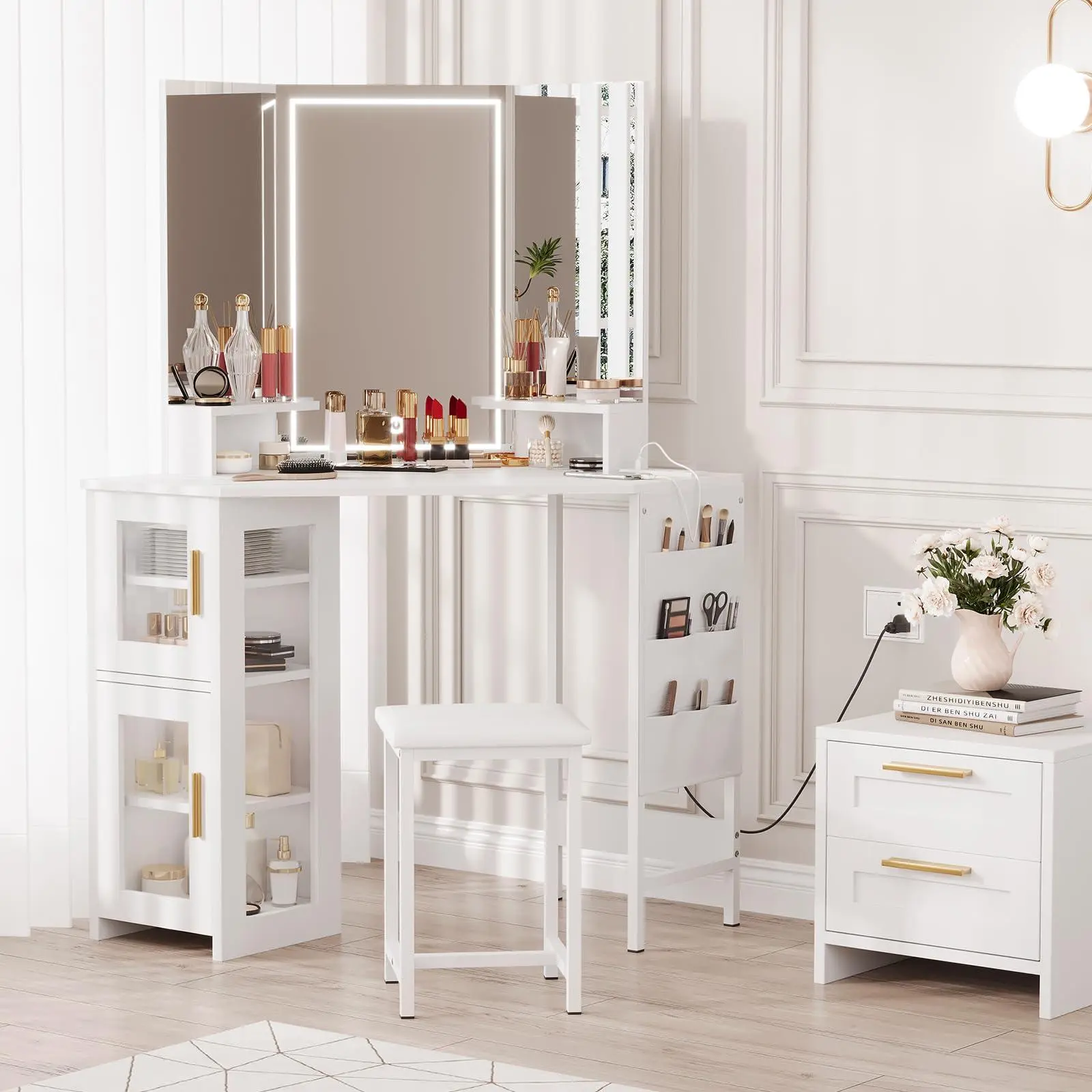 Space-Saving Corner Vanity Desk Set with LED Tri-Fold Mirror, Charging Station with USB & Type-C, Storage Cabinet, Hanging Organizer & Stool – White, LED Light Mirror