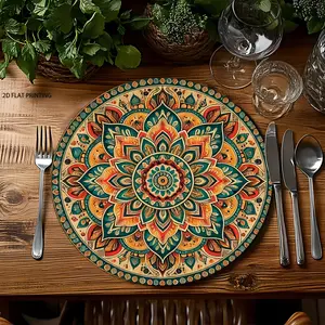 2D flat printing, 2-piece/4-piece set, retro Bohemian floral circular placemats, table mats, Coasters, mandala patterned placemats, suitable for farmhouse dining, parties, home decoration and gifts, holiday decoration