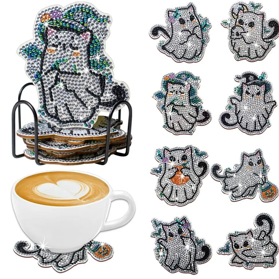 8-piece irregularly shaped Halloween-patterned diamond painted coasters set, Diamond Art Coasters, Coasters for drinks, Diamond Painting Coasters DIY crystal diamond painted wooden coasters with stand, suitable for adult office coffee Mats and gifts