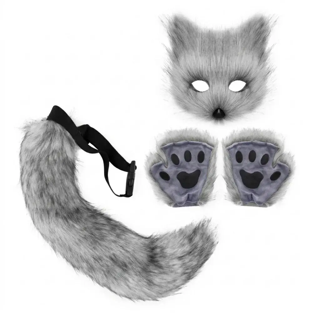 Fox Tail Cat Paws Gloves Ears Headband Face Mask Cosplay Costume Set Faux Fur Animal Therian Outfit For Halloween Party
