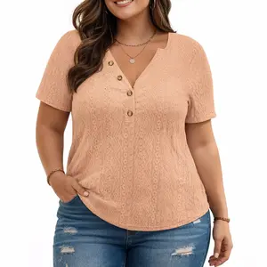 Women's Plus Size Summer Tops - V-Neck Comfy Drape Fabric Henley Button-Up Short-Sleeve Eyelet Blouses, Casual Wear for Pairing with Trousers summerwins,summerwins