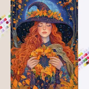 1 DIY diamond painting kit, 5D diamond art set, DIY decoration, autumn leaves, witch hat, starry sky background. Full round drill diamond painting kit, mosaic, diamond art, DIY home decor, suitable for Christmas. Handcraft