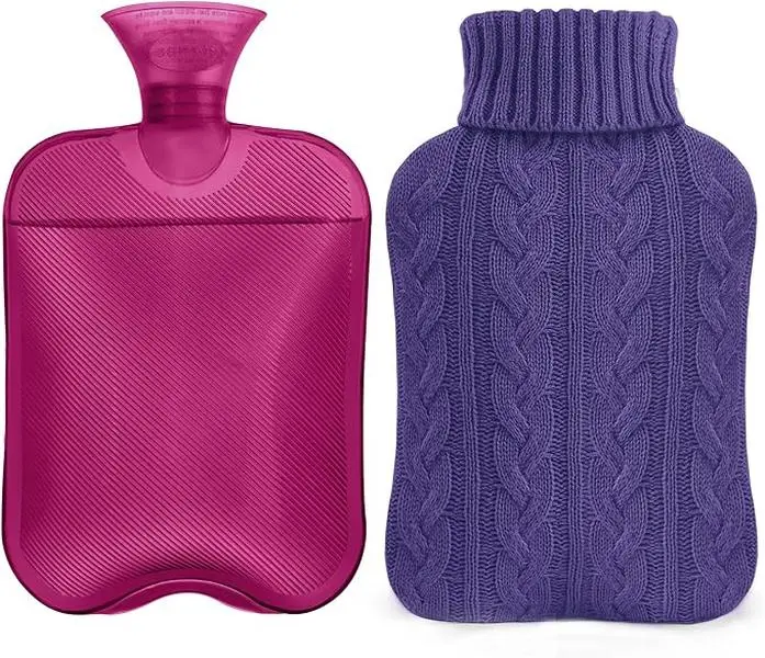 Hot Water Bottle with Knitted Cover, 2L Hot Water Bag for Cold and Hot Compress, Ideal for Menstrual Cramps, Hand Feet Warmer, Neck and Shoulder Pain Relief, Aid