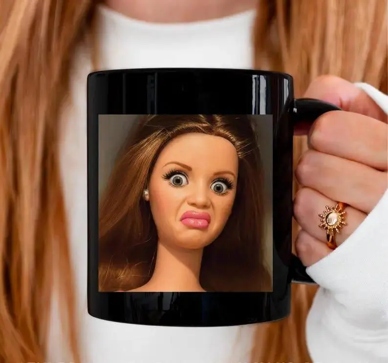 Funny Doll Face Black Mug, Disgusted Barbie Meme Coffee Cup, Sarcastic Reaction Gift, Weird Humor Tea Cup, Unhinged Meme Mug,Easter Gifts for Friends Coworker Prank Birthday & Summer Party Favors