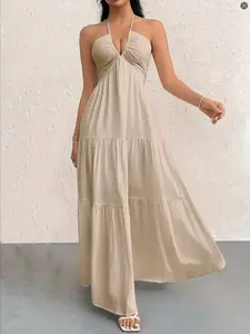 2026 Summer Women's Deep V Off-Shoulder Solid Bohemian Belt Dress, Wedding & Party Casual Gown, Cross-Border Fashion