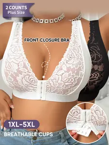 Morelect 2-Pack Plus Size Lace Bra, Front Buckle, Breathable Full Coverage, Push-Up, Sizes 1xl-5xl, Medium Support, Casual Lingerie, Underwear