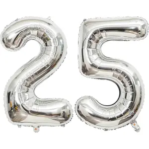 40 Inch Silver 25 Number Balloons Giant Jumbo Huge 25 or 52 Foil Mylar Helium Number Digital Balloons Silver Birthday Mylar Digital Balloons 25 Birthday Party 25th Anniversary Events Party Decorations