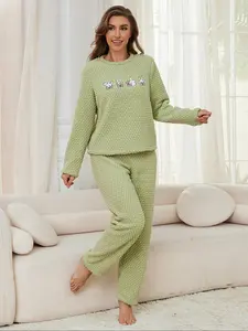 Light Fleece Thickened Homeewear, Fun Gesture Embroidery, Loose Comfortable Sleepwear Set, Wearable Outdoors, Pajama Set