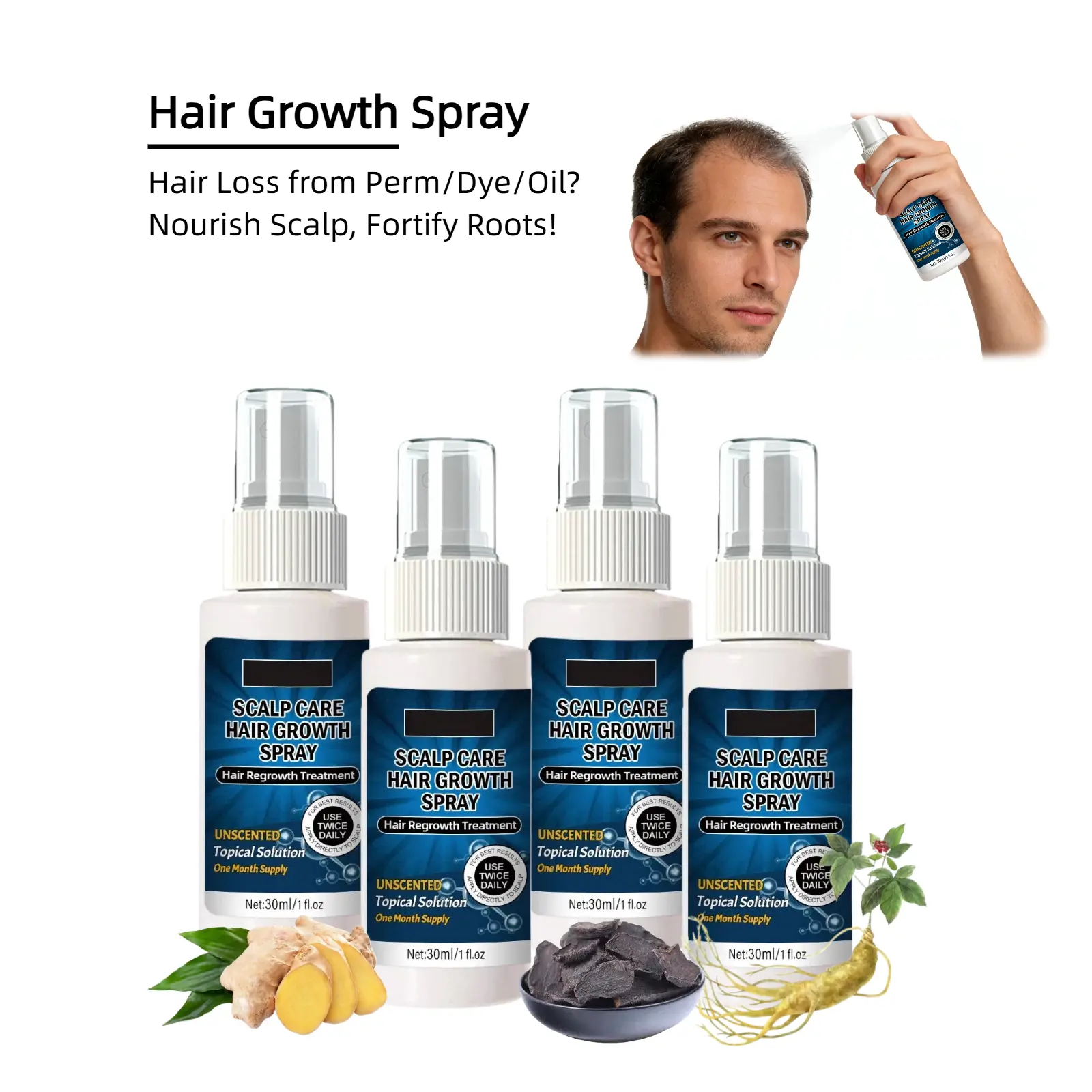 Hair Growth Spray：Can be Used on Hair and Beard, to Speed Uphair Growth，1-4fl.oz, Grow astronger, thicker, fuller beard faster，thickening and plump Strengthening Hair Hair Energy Formula Haircare Serum Hair Dye