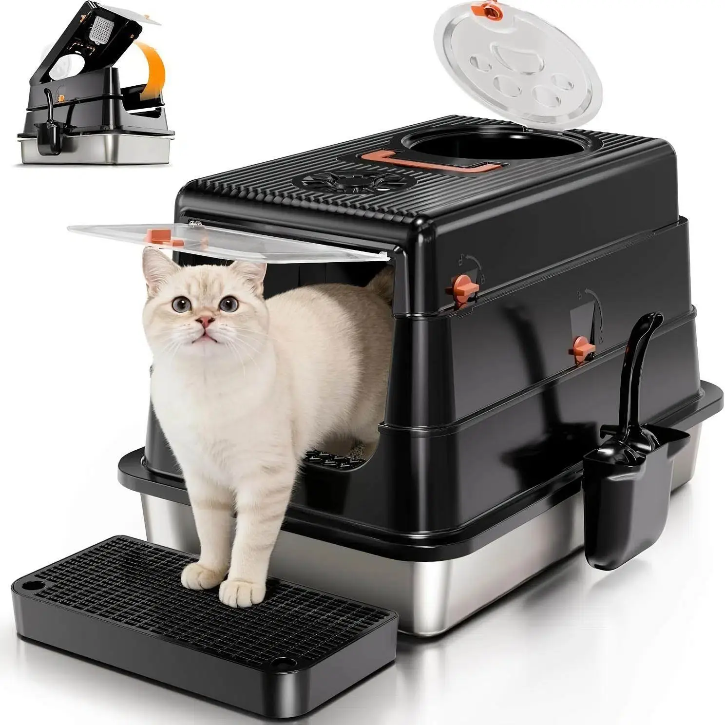 Petwhole 3-in-1 Enclosed Stainless Steel Cat Litter Box  – Odor-blocking Enclosure, Leak-proof Design, Comes with Cat Litter Trapping Step Mat, Litter Scoop and Deodorant Bags, Suitable for Kittens