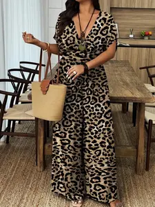Women's Leopard Animal Print V-Neck Drop Shoulder Sleeves Wide Leg Jumpsuit, Summer Chic Fashion Plus Size, Casual Loose Fit One-Piece Romper