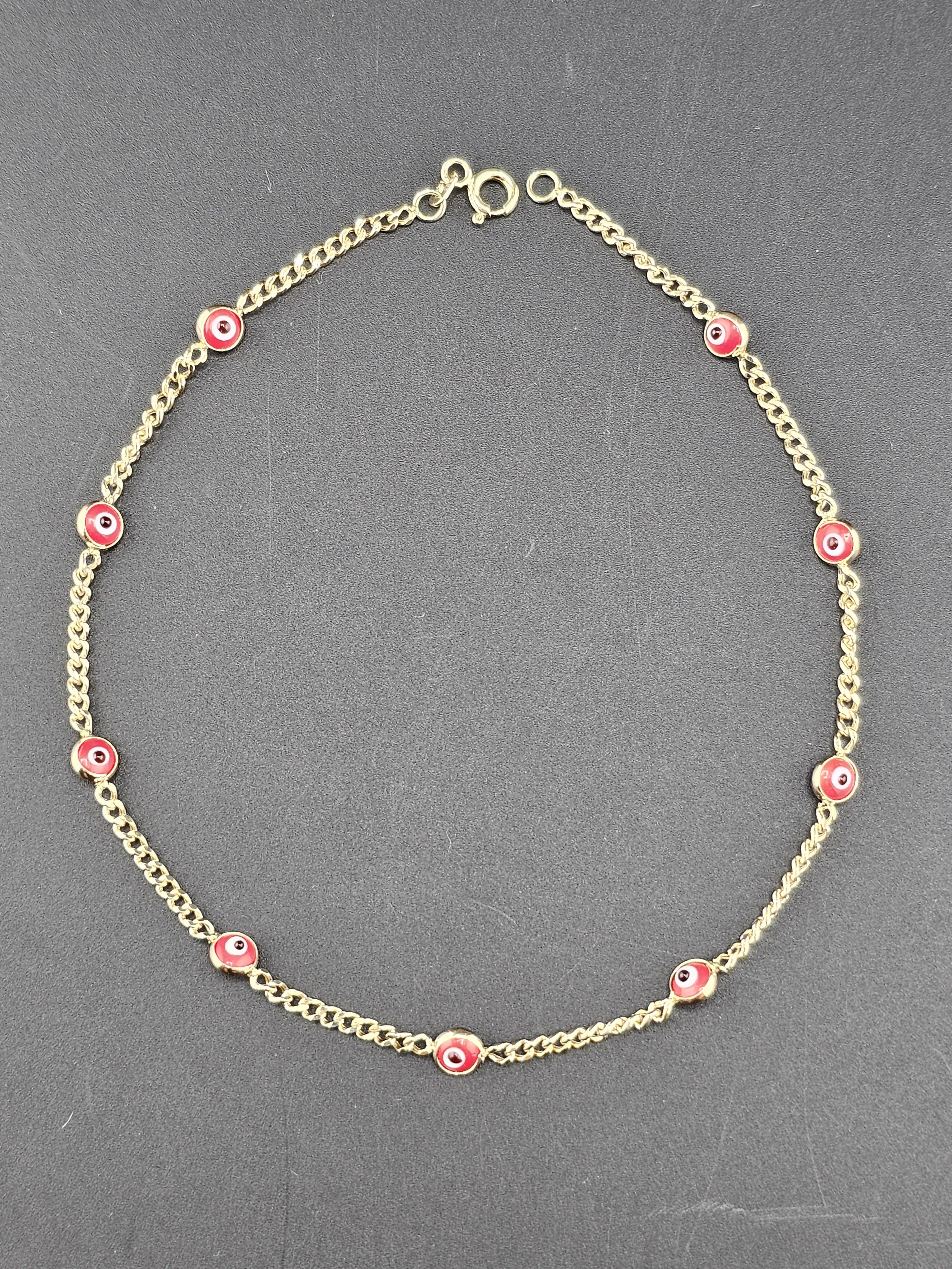 14K Gold Anklet - Red Evil Eyes