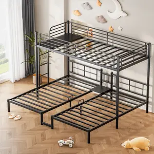 Heavy Duty Triple Bunk Bed, Twin XL Over Twin Over Twin Bunk Beds for 3 Kids, Teens, Adults with Built-in Desk, Safety Guardrail & Ladder