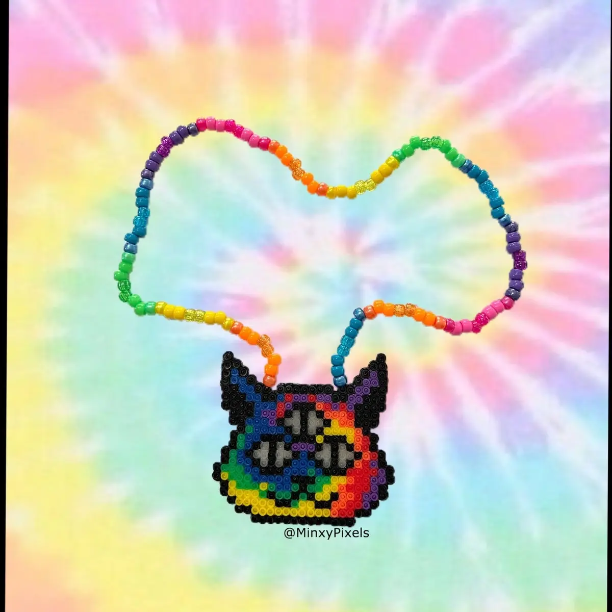 Trippy Kitty Tie Dye Kandi Perler Necklace Beaded Pixel Jewelry Rave Music Festivals Accessories