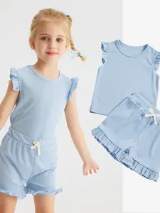 Summer Two-Piece Set for Girls, Plain Short Sleeve Top & Shorts, Loose-Fitting Casual Striped, Ages 1-8, Cute Style, No Zipper