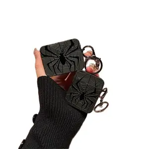 Black Spider Pattern Square Earbud Case with Keychain, Shockproof Mobile Accessories, Chargeable Wired Charging Protection Cover, Compatible with Wireless Earbuds 1/2/3/4 Pro, Pro 2
