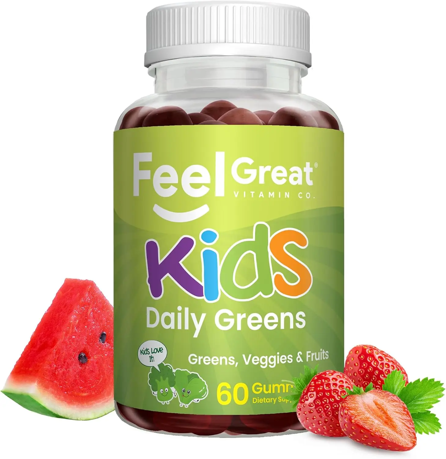Feel Great Super Green Gummies for Kids - Fruit and Vegetable Gummies - Vegan Veggie Gummy Multivitamin for Kids - 60 Count - Healthcare, Dietary