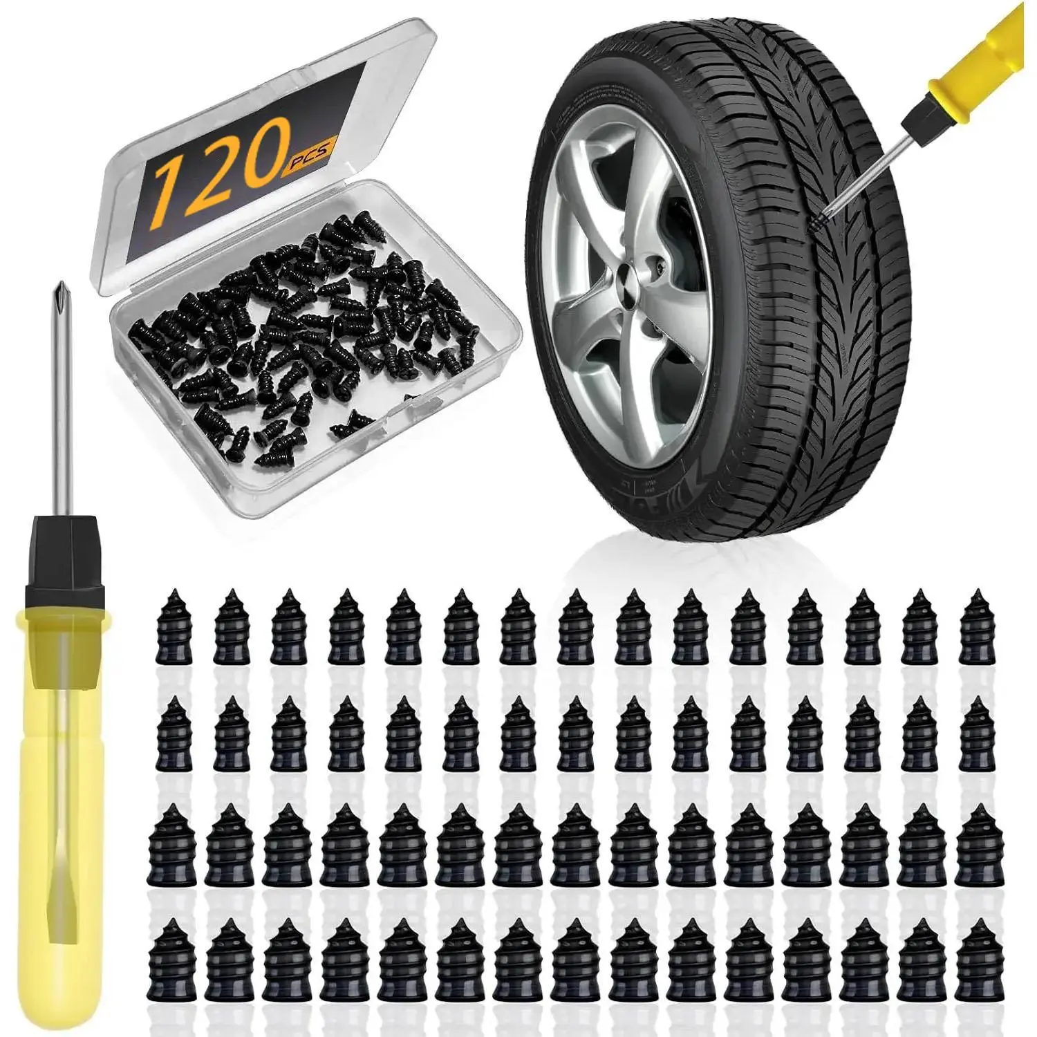 120pcs Natural Rubber Coating Tire Plug & Tool Kit (60S+60L, 0.21x0.46in) - No Damage to Tires, Self-Service Repair Set with Box, Double-Ended Screwdriver for Dirt Bike, Lawn Mower, Mountain Bike