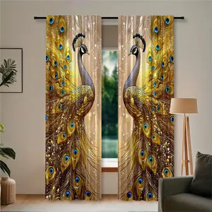 2-piece 2D flat design, golden peacock luxury style. Embroidered semi-transparent Window Drapes, rod bag curtains, suitable for living room, bedroom and home decoration. Hand washable, hookless.