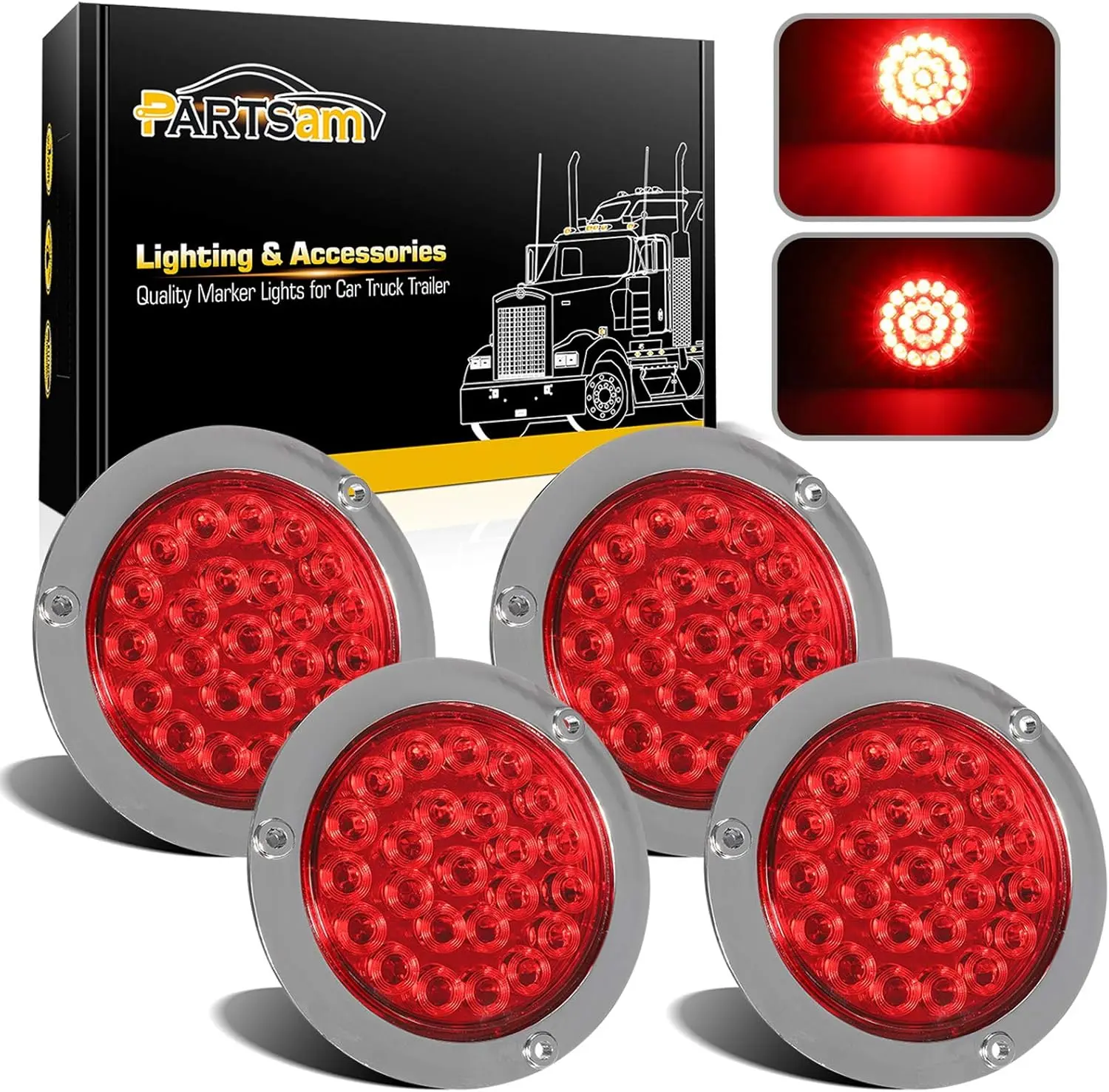 Partsam 4 Inch Round Red LED Tail Lights For Trailer Truck Campers - Pack of 4