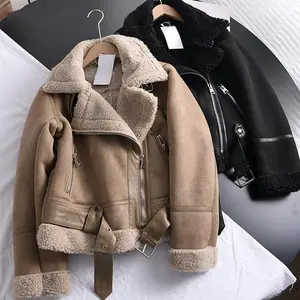 Winter Women Thick Warm Suede Lamb Jacket Short Motorcycle Brown Coats Faux Shearling Sheepskin Leather Jackets Outwear