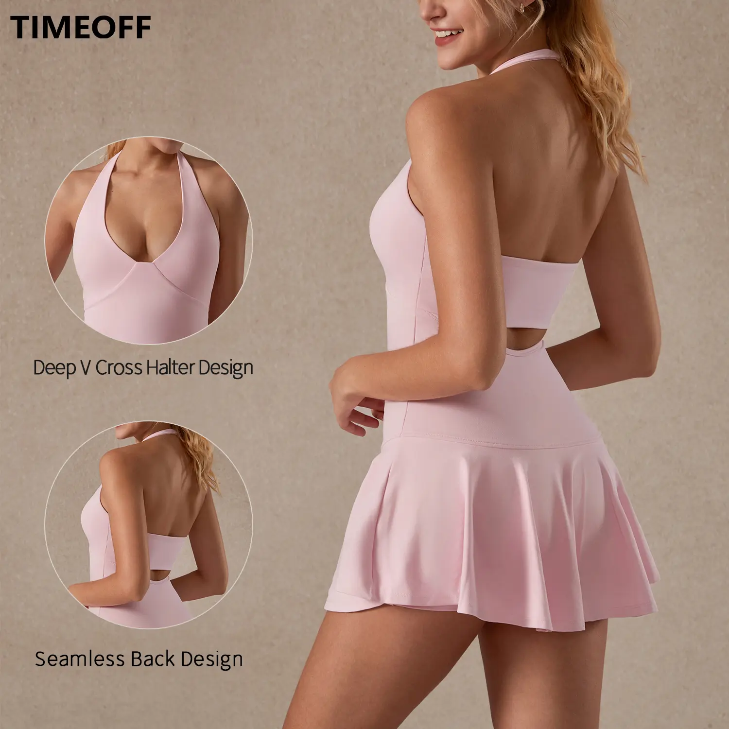 TIMEOFF Women's Sleeveless Halter Backless Sports Dress - Soft Stretch, Hidden Pockets, Athleisure Workout Athletic Dress - Ideal for Yoga, Tennis, Gym Clothes,summerwins,travel essentials,camping essentials