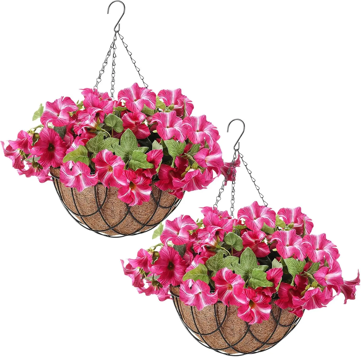 2 Pack Artificial Hanging Flowers in Basket for Spring Summer Outdoor Decor Fake Hanging Plant Faux Petunias Flower with 12 inch Coconut Lining Basket for Patio Garden Porch Home (Fuchsia)