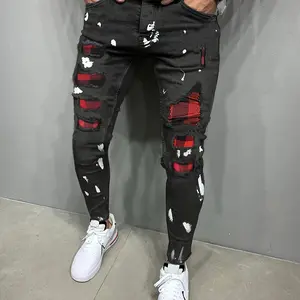 Men'sSlimFitSplashedInkRippedJeanswithBackPocketMidWaistZipperClosureCasualBlackDenimTrousers