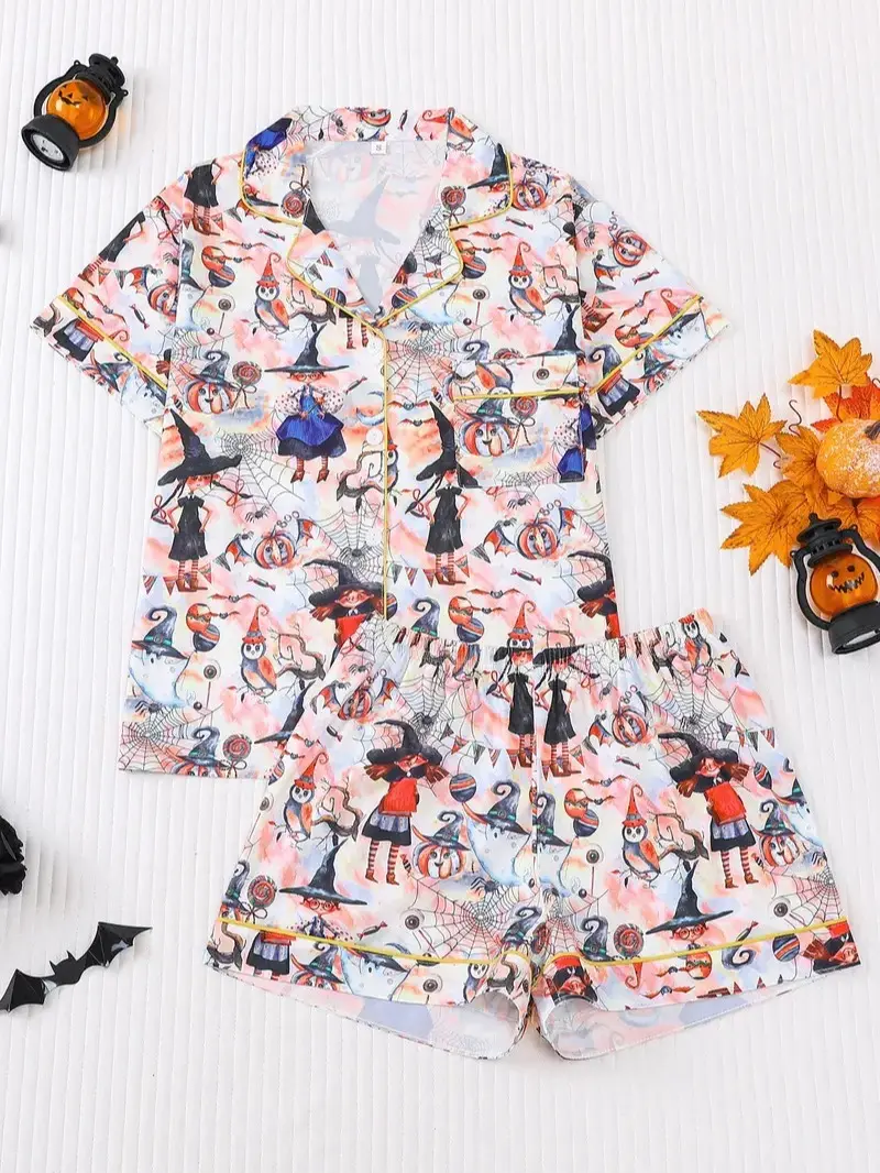 2 Pieces of Women's Halloween witch hat owl pumpkin monster spider print short sleeved shorts comfortable lapel pajama set top pocket elastic waistband suitable for all seasons