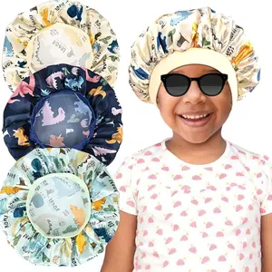 SQ-HDW193 3 Pieces Kids Satin Bonnet Dinosaur Wide Elastic Band Sleeping Cap Soft Silk Double Layer Night Hair Hats for Teens Toddler Child Baby
