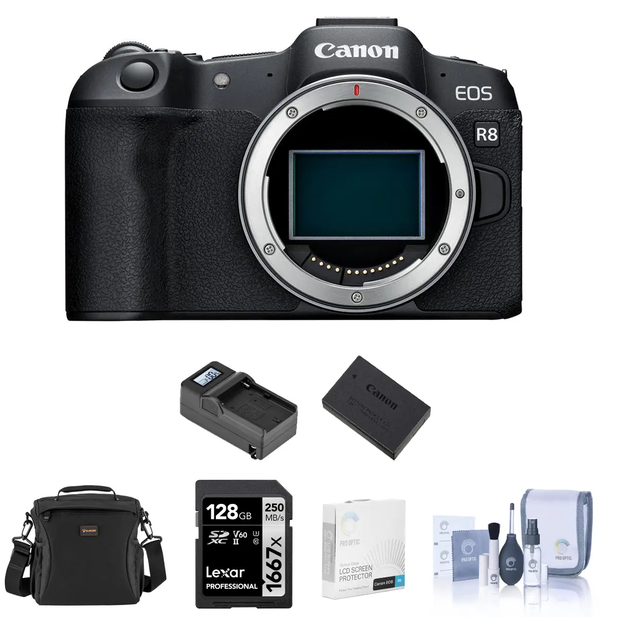 Canon EOS R8 Compact Digital Mirrorless Camera Bundle - CMOS Sensor, Electronic Viewfinder, USB-C Port, Wi-Fi Enabled, Extra Rechargeable Battery, 128GB SD Card, Shoulder Bag, Charger, Screen Protector, Cleaning Kit, High-Quality Imaging Capability