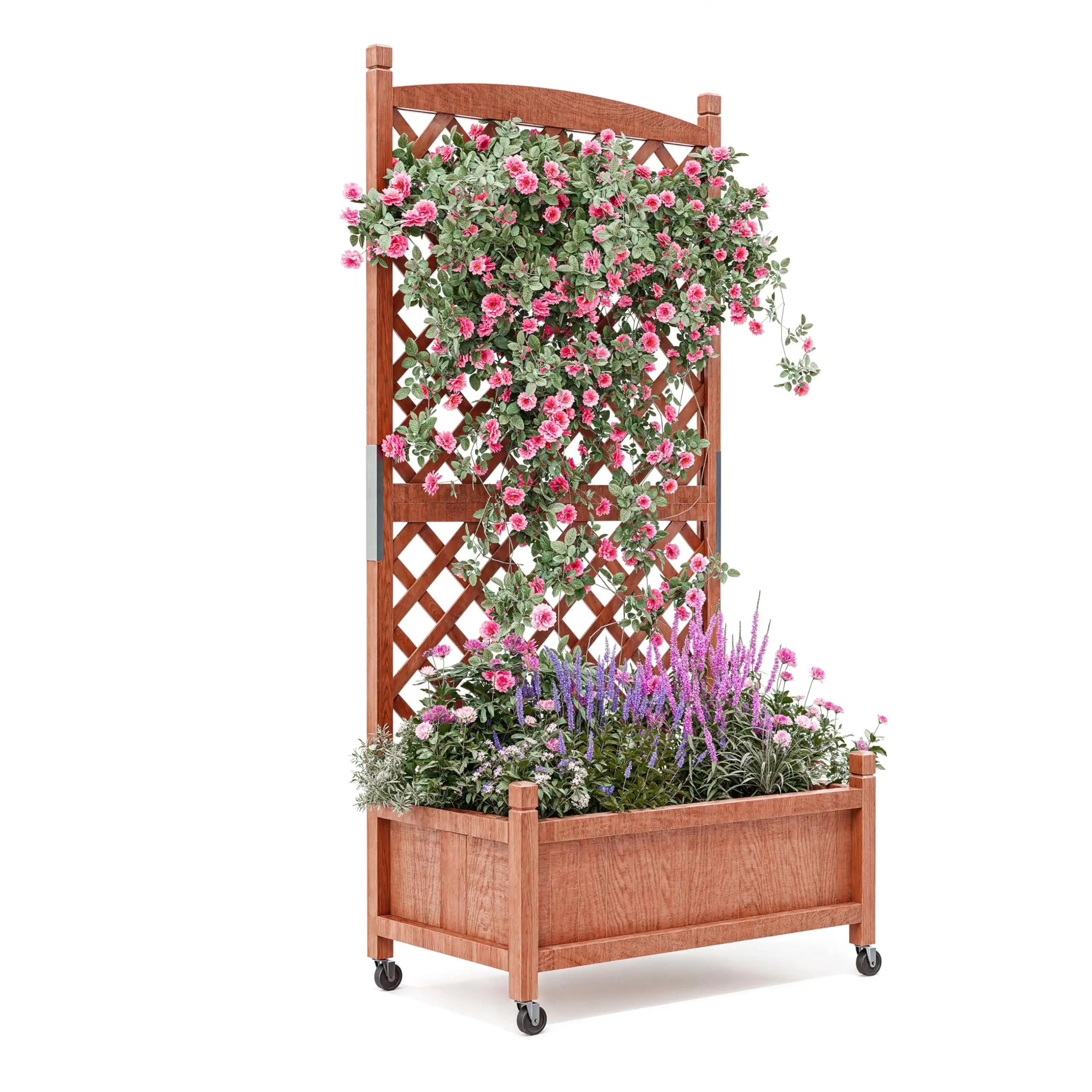 Solid Fir Wood Mobile Vertical Lattice Planter Bed, 61.5in Height Raised Planter with Drainage System, Locking Wheels, Deep Planting & Drainage Hole, Ideal for Indoor-Outdoor Climbing Plant Decoration