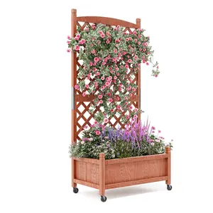 60 Inch Wooden Raised Garden Bed with Trellis & Wheels – Freestanding Outdoor Planter Box with Drainage – Vertical Planter for Climbing Plants, Flowers, Vegetables