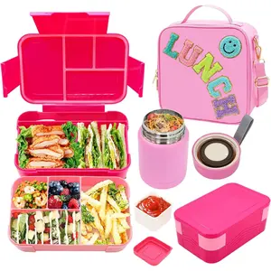 Pink Lunch Box for Girls with 10oz Thermo, with 6 Compartment Bento Box, Nylon Insulated Lunch Bag Adjustable Strap for Girl  Teens School Travel Picnic