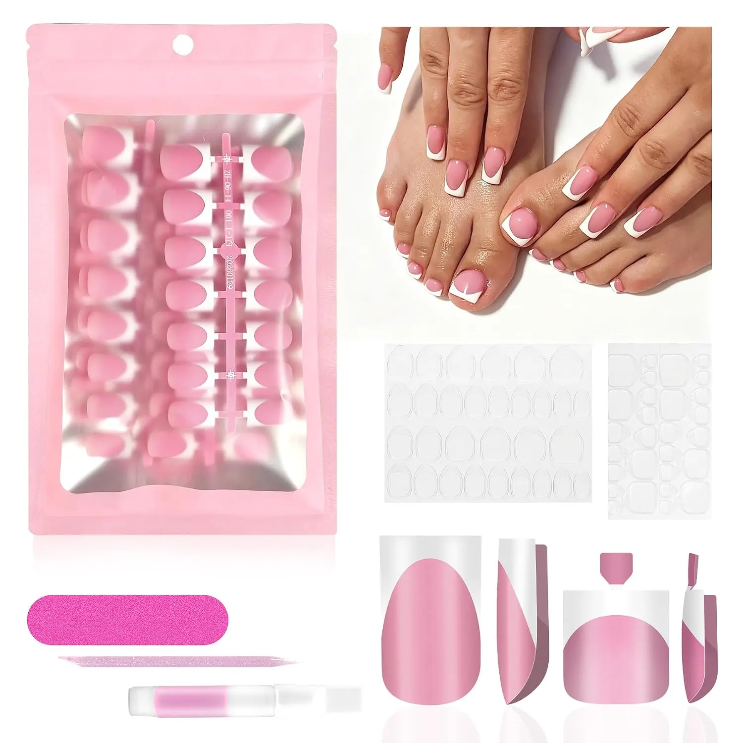 Women's 60Pcs Deep Pink Square French Tip Press-on Nails & Toenails Set, 15 Sizes Acrylic Full Cover Kit with Nail Glue for DIY Home Manicure