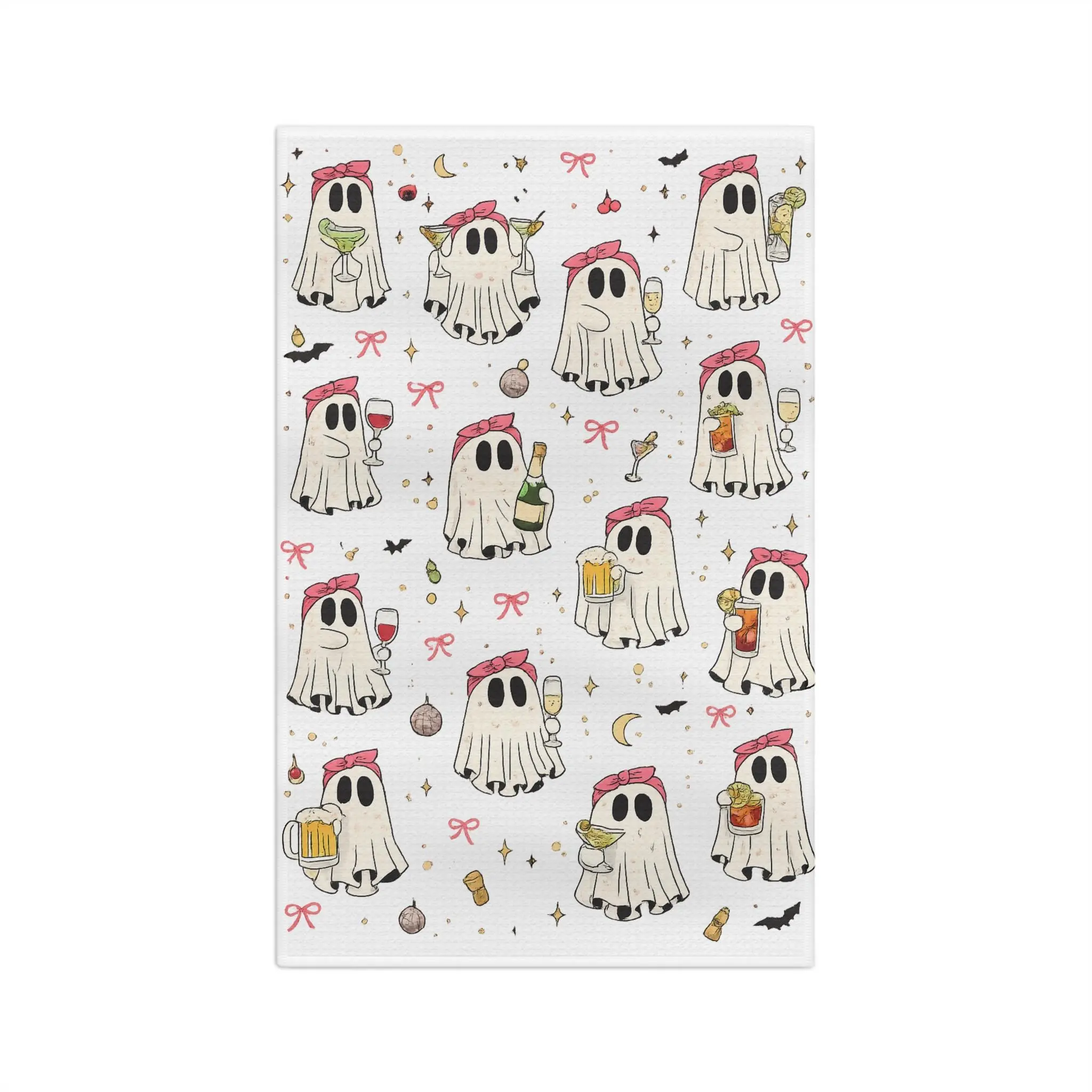 Spooky Cozy Cute Ghosts Holding Drinks Print Microfiber Tea Towel - Lightweight Absorbent Cleaning Towel for Halloween Autumn Kitchen Decor, 16X25"