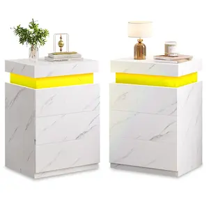 Sikaic 2PCS Nightstand with LED Lights Charging Station White Marble Side Table Dresser Pedestal Tabletop Mode