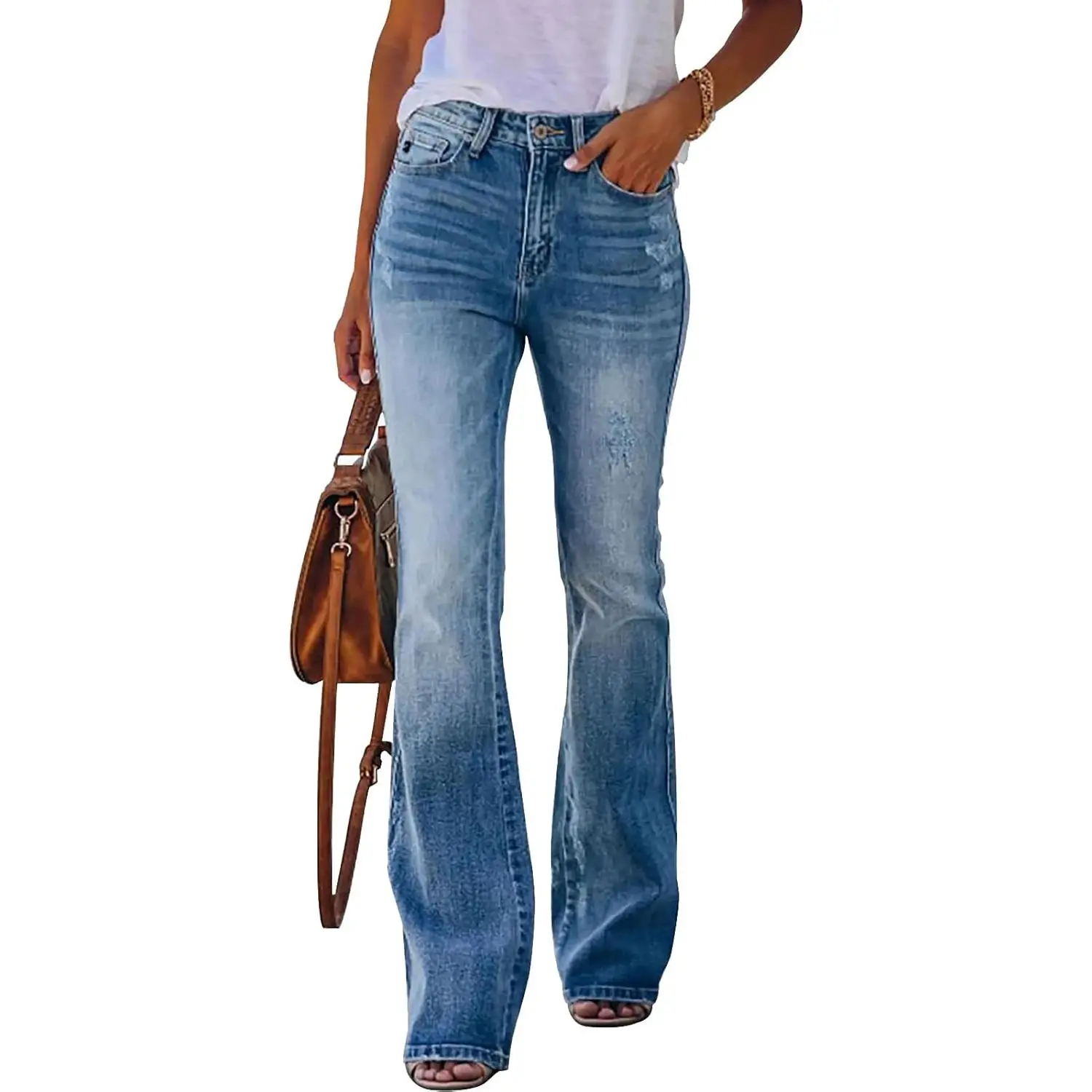 Women's Flare Bell Bottom Jeans High Waisted Wide Leg Bootcut Jeans Stretchy Denim Pants, Womenswear Streetwear Basic with Pocket