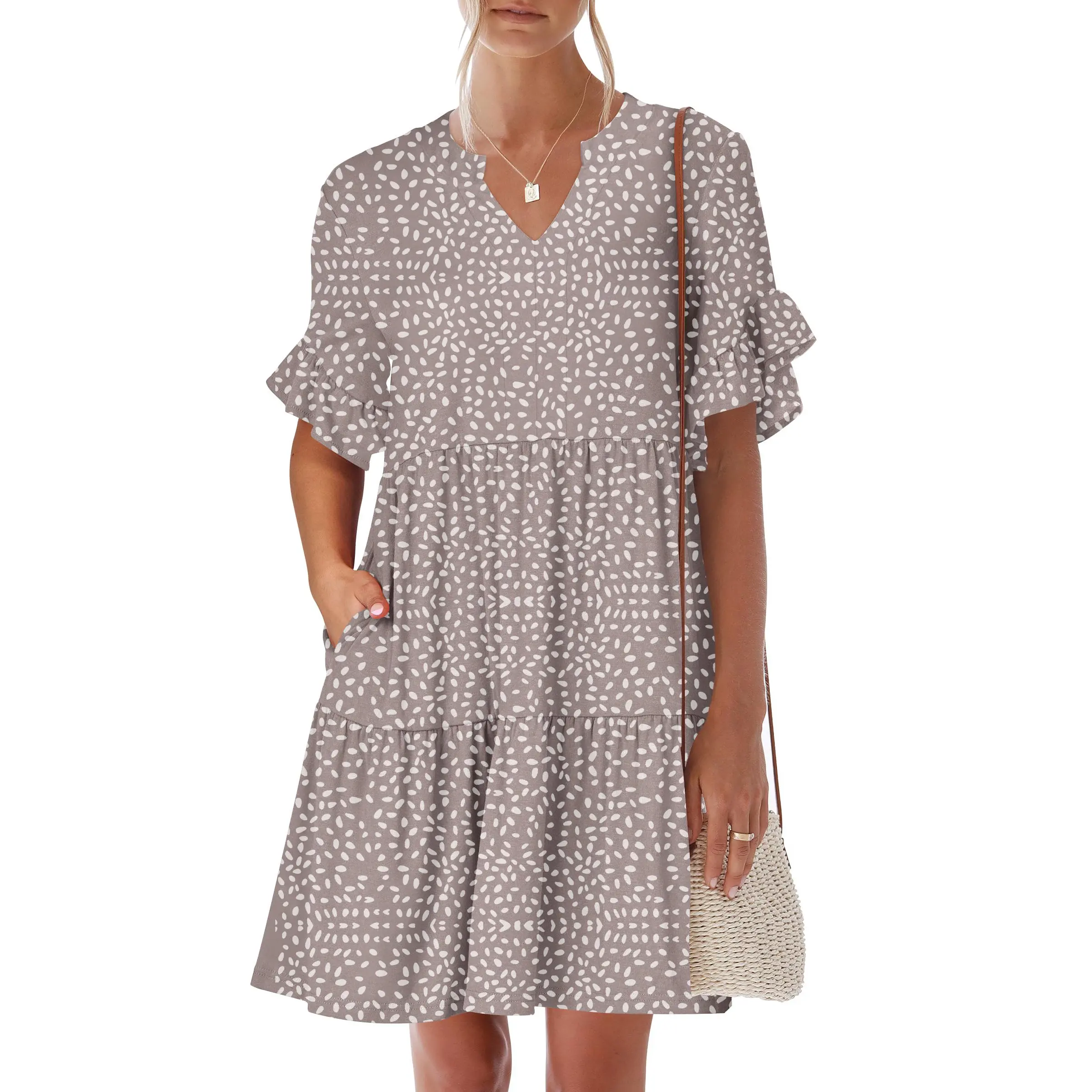 ANRABESS Womens Summer 2026 Trendy Ruffle Short Sleeve V Neck A Line Tiered Flowy Loose Casual Mini Beach Dress with Pockets