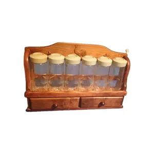Vintage Wooden Spice Rack Country Rooster Style w/ 6 Glass Jars 11.5"x7"