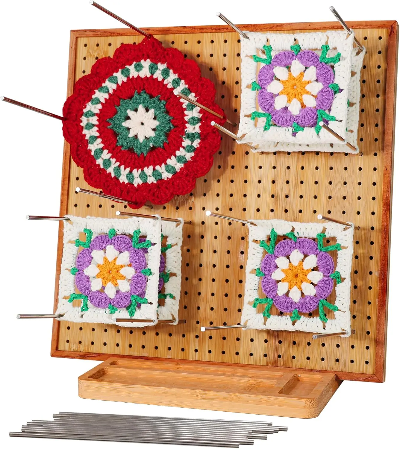 11.8" Crochet Blocking Board with 16 Pins/Pegs, Blocking Boards for Crochet Projects, Granny Square Blocking Board for Crochet Projects, Wooden Crocheting Accessories Gifts for Crocheters