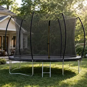 ARCH 14FT High-Bounce Outdoor Trampoline with Enclosure Net, Ladder, 72 Galvanized Springs, Curved Poles, Double-Sided Color Pad, Heavy-Duty Steel Frame, 6 W-Shaped Legs, for Kids & Adults, Backyard Jumping (Black/Blue, Black), High-Bounce Outdoor Trampol
