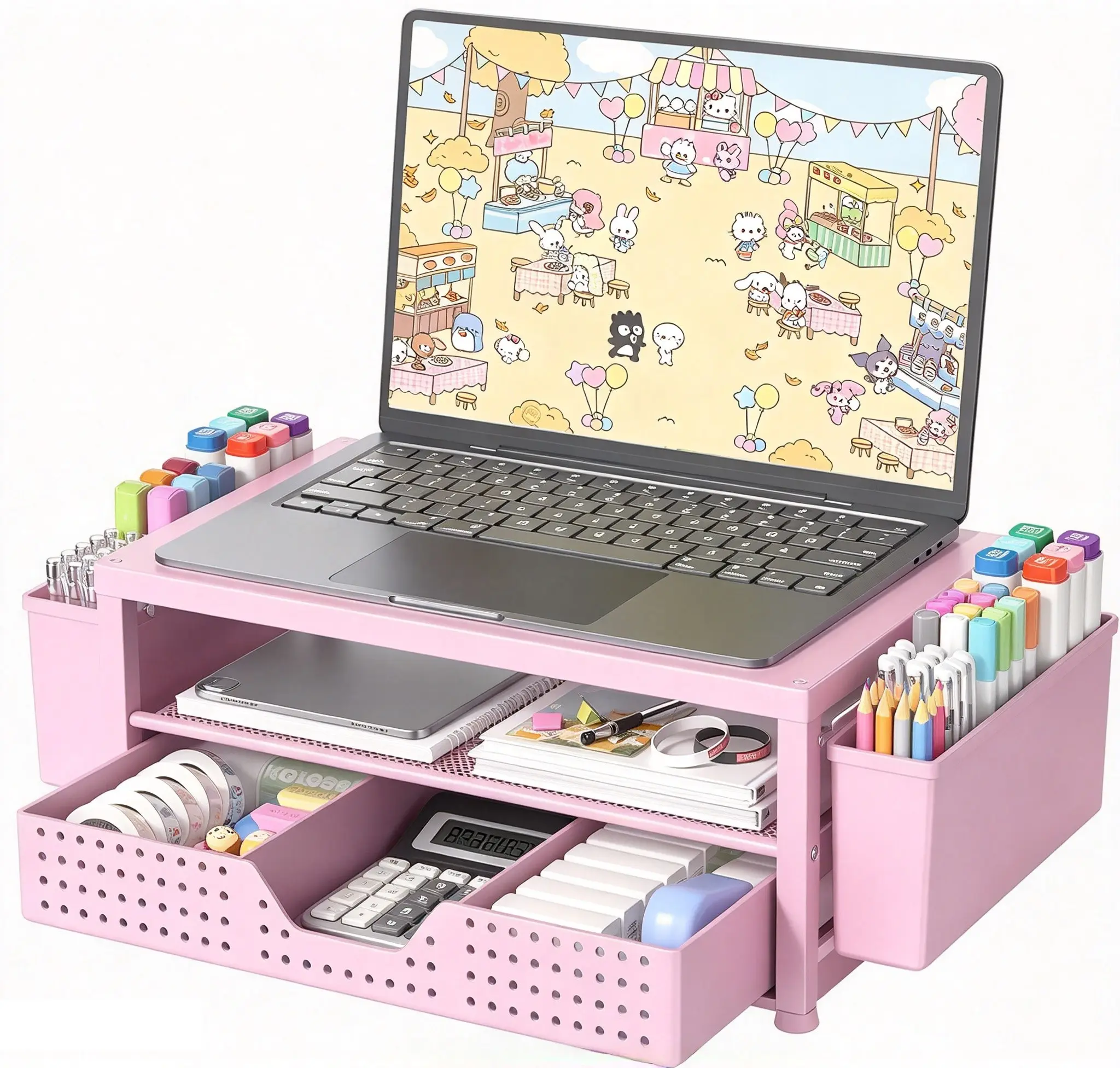 2-Tier Computer Monitor Stand Riser with Drawer & 2 Pen Holders, Ventilated Perforated Steel Top, Pink Laptop Stand for Desk, Home Office Desk Organizer & Accessories