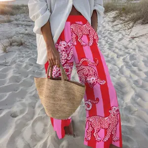 Women Palazzo Trousers Vibrant Leopard Print Wide-leg Stylish Design Stripe Pants