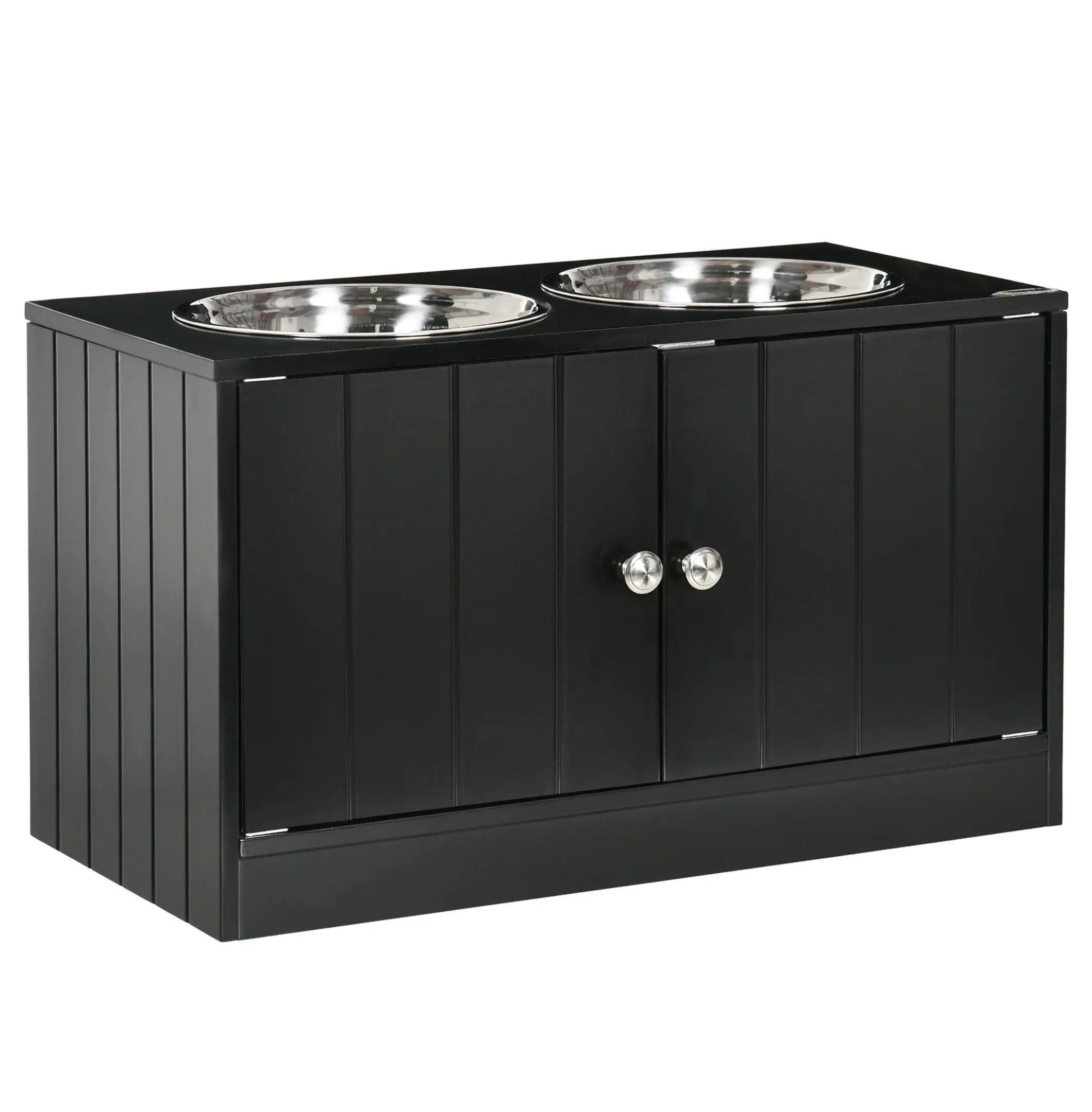 Black Raised Design Dog Feeder Storage Station with Cabinet, 2 Stainless Steel Dishwasher-Safe Bowls for Large Dogs, 23.5" L x 11.75" W x 14" H, 33 lbs Capacity, Secure Magnetic Doors, Smooth Black Finish