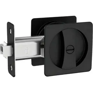 Matte Black Contemporary Sliding Pocket Door Hardware, Pocket Door Lock Latch with Privacy Lock for Bathroom & Bedroom, 1 Pack Square Rounded-Corner