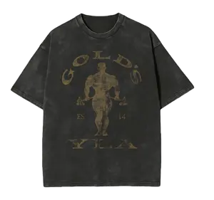 Menswear  Washed Round Neck Shortsleeve T-Shirt, Fitness Motivation Graphic Design with Golden Lettering, Distressed Casual All-Season Training Sporty Vintage Crewneck Gear