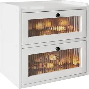 Double Layer Large Bread Box for Kitchen Counter, Wooden Corner Bread Storage Container with Acrylic Window